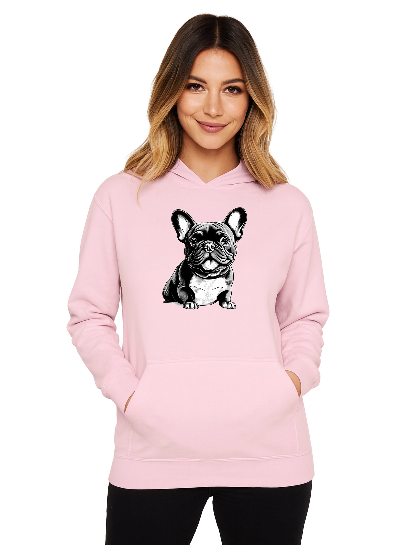 Sudadera con capucha y motivo de bulldog francés en blanco y negro