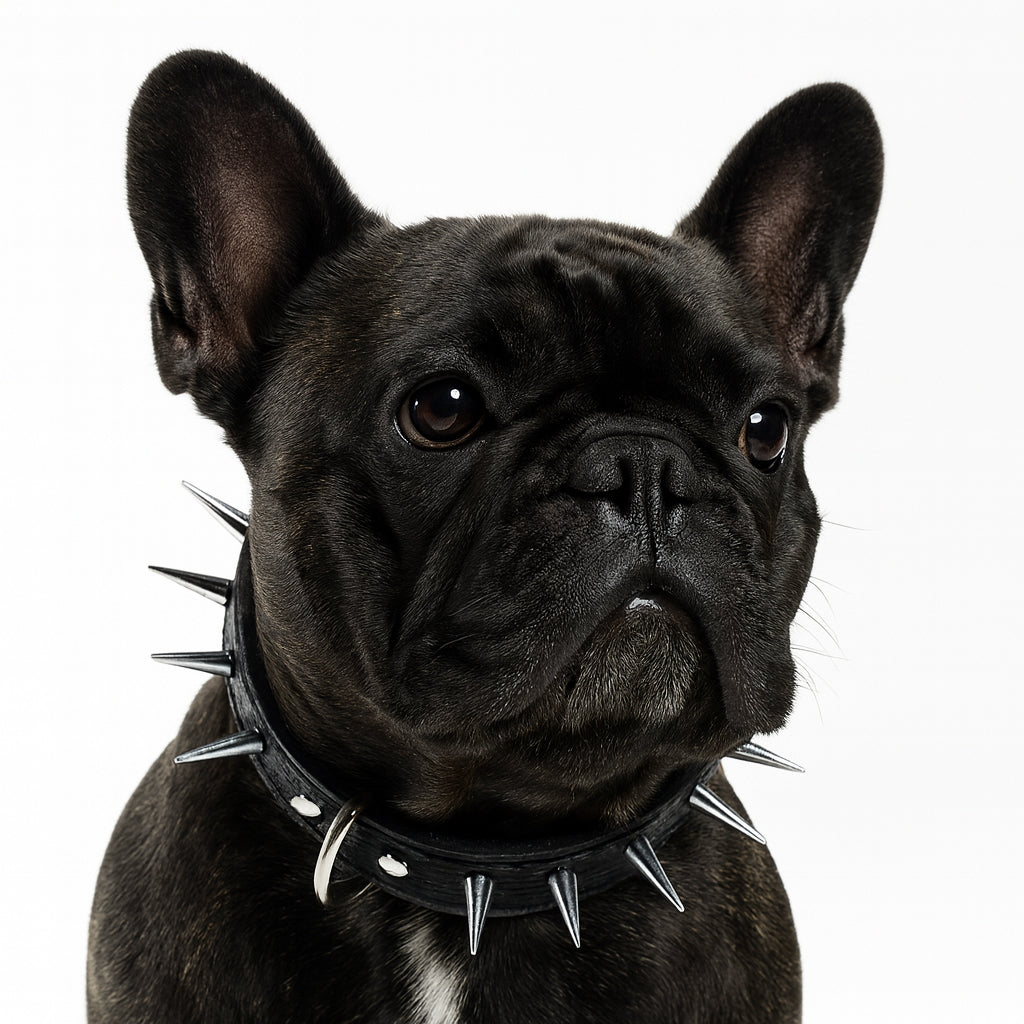 Black dog wearing a spiked collar on a white background