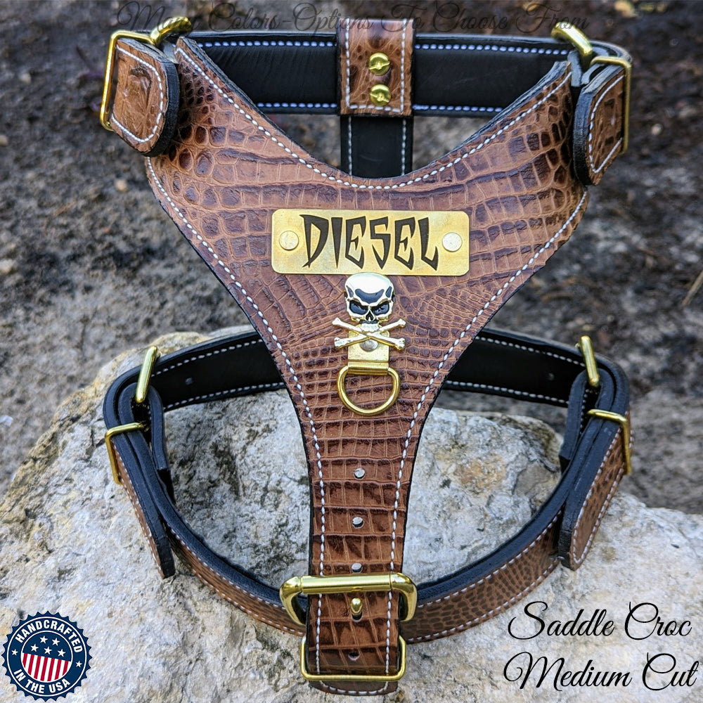 NH16 - Personalized Leather Dog Harness with Skull & Crossbones