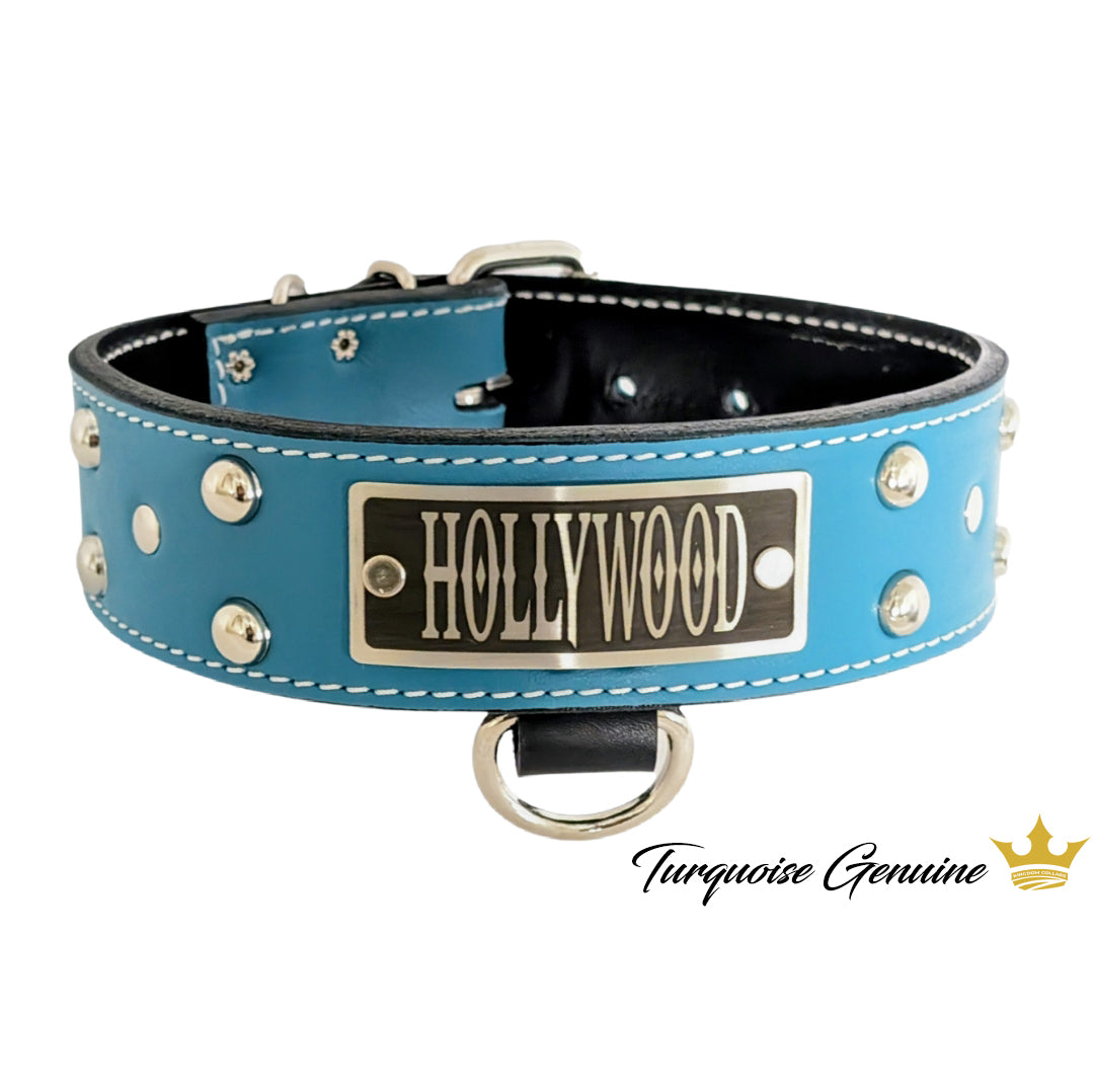 N12 - Collar para perro de cuero tachonado de 2" de ancho con placa de identificación