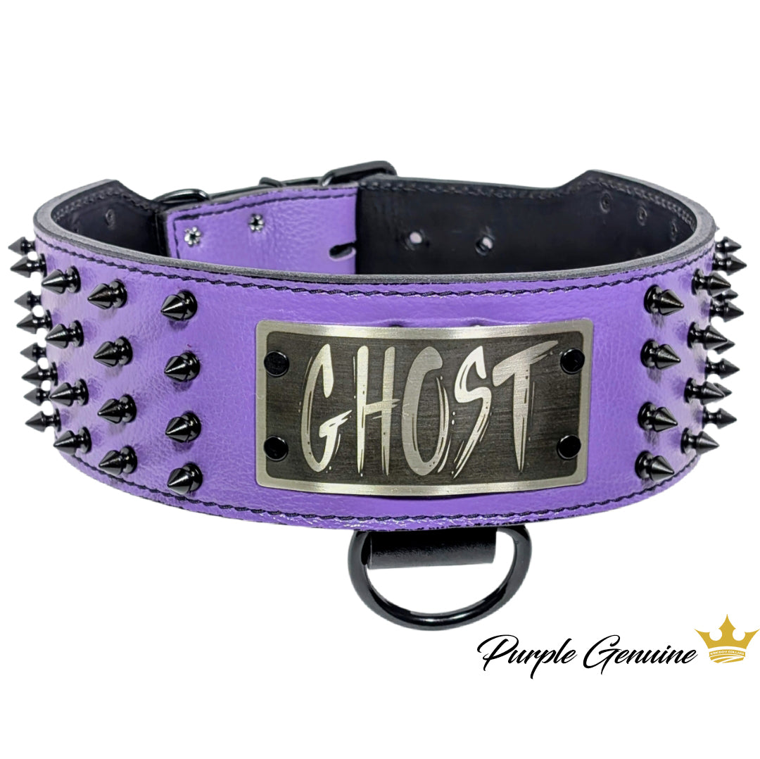 Purple dog collar with spikes and 'GHOST' plaque on a white background