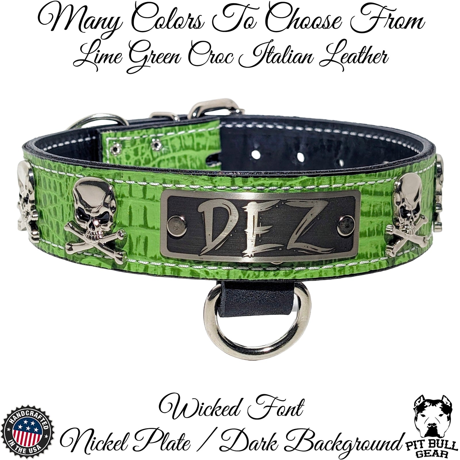 VN47 - Collar de cuero personalizado para perros de 1,5" de ancho con calavera y huesos cruzados