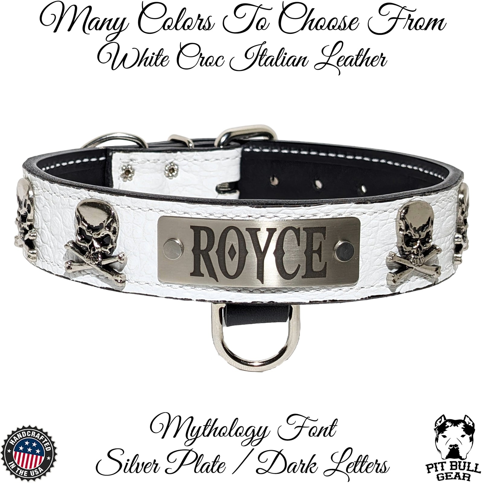 VN47 - Collar de cuero personalizado para perros de 1,5" de ancho con calavera y huesos cruzados