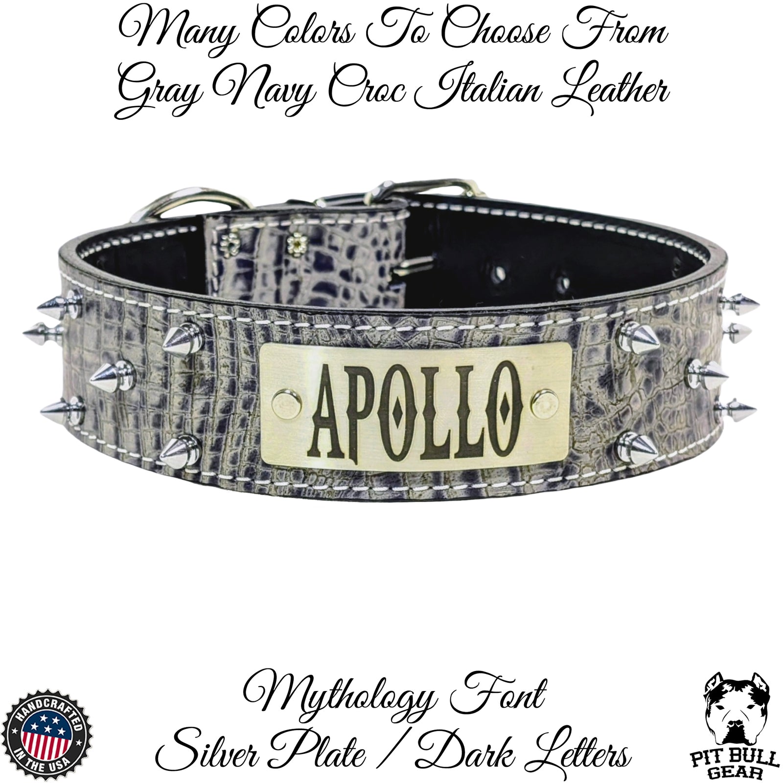 W46 - Collar para perro de cuero con pinchos de 2" con placa de identificación personalizada