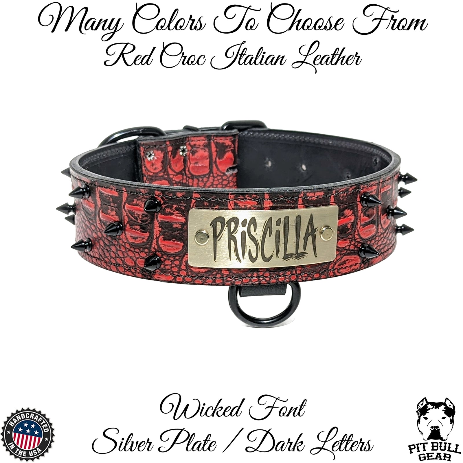 W46 - Collar para perro de cuero con pinchos de 2" con placa de identificación personalizada