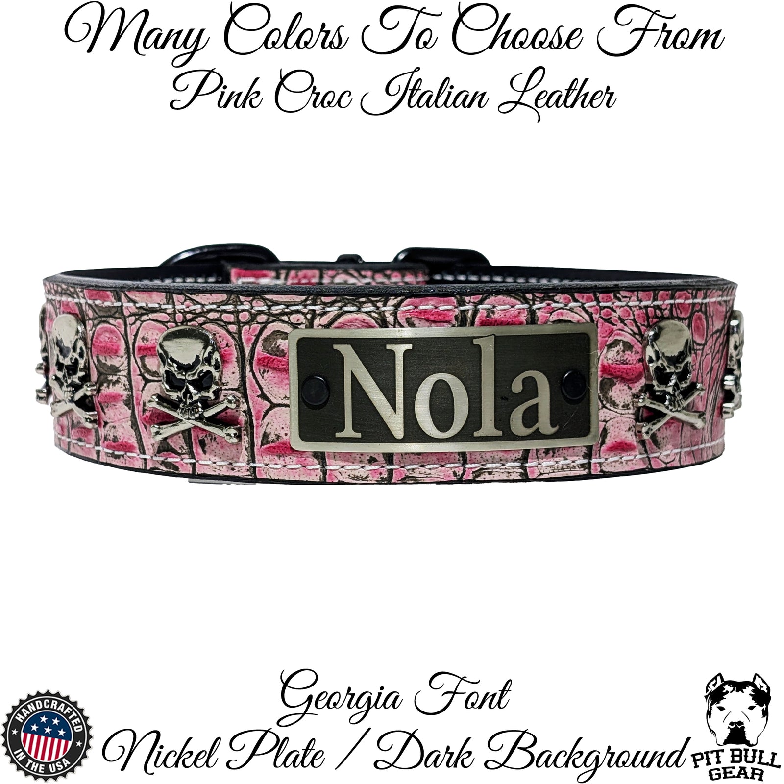 WN6 - Collar de cuero de 2" de ancho con placa de identificación personalizada de cuero, calaveras y huesos cruzados