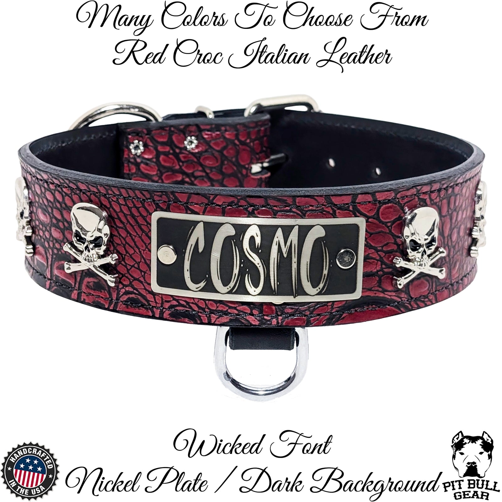WN6 - Collar de cuero de 2" de ancho con placa de identificación personalizada de cuero, calaveras y huesos cruzados