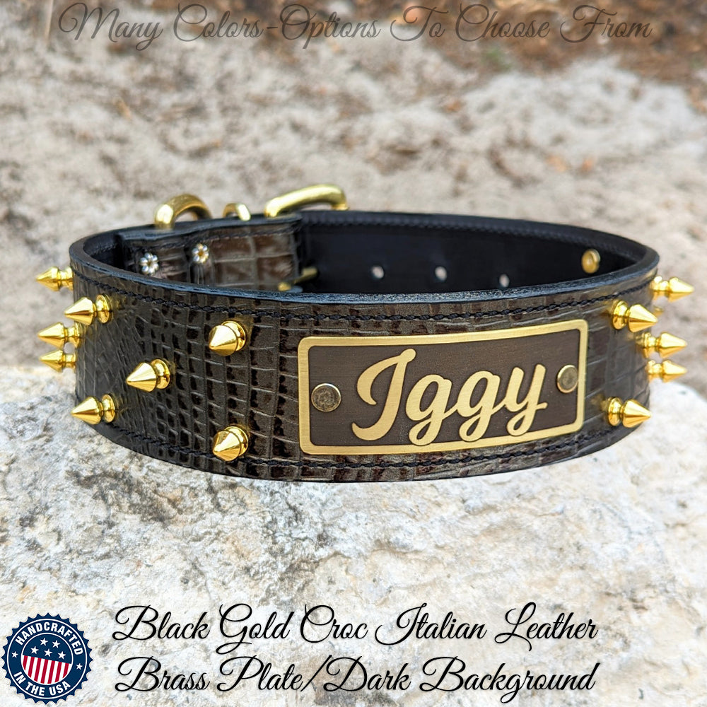 W46 - Collar para perro de cuero con pinchos de 2" con placa de identificación personalizada