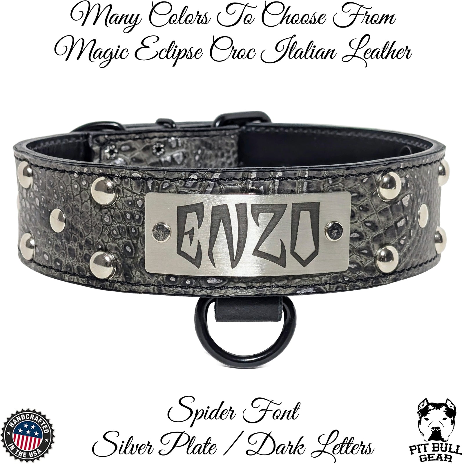 N12 - Collar para perro de cuero tachonado de 2" de ancho con placa de identificación