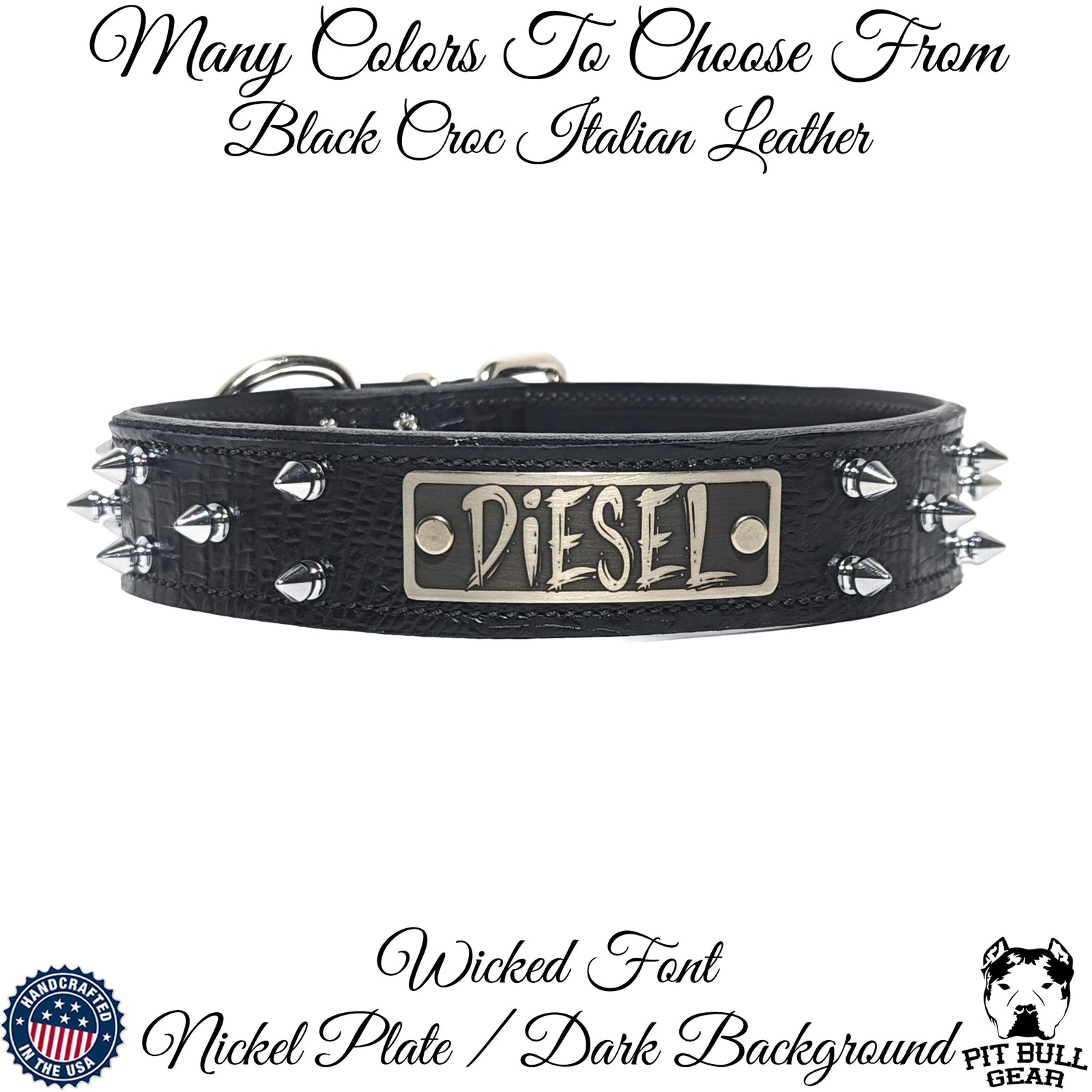 N14 - Collar para perro de cuero con pinchos de 1,5" de ancho y placa de identificación personalizada