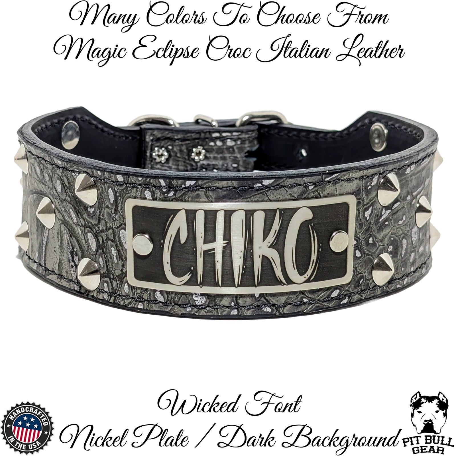 A black 2 inch wide tapered leather dog collar with name plate and cone studs, displayed with a white background.