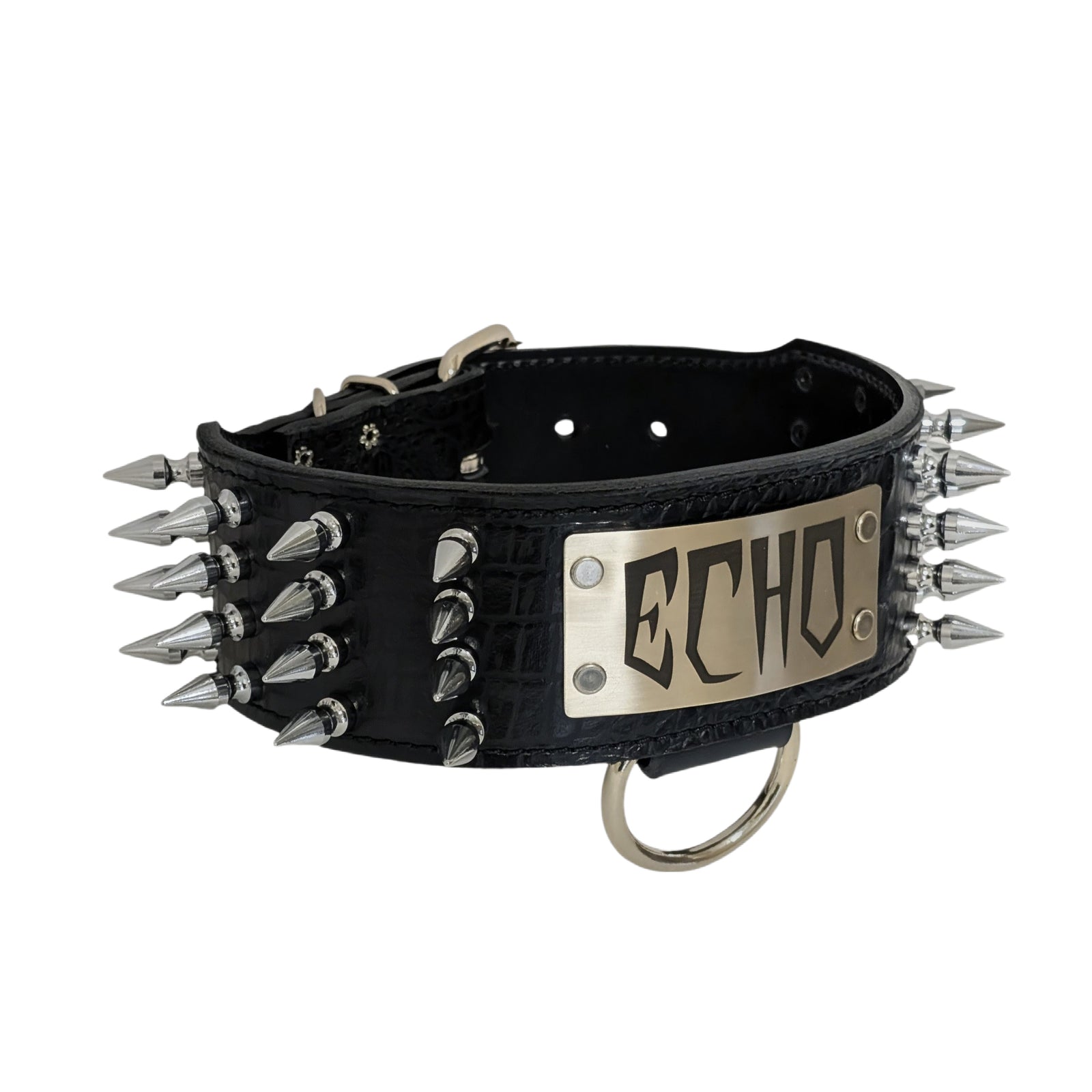 Black leather dog collar with spikes and 'Echo' tag on a white background