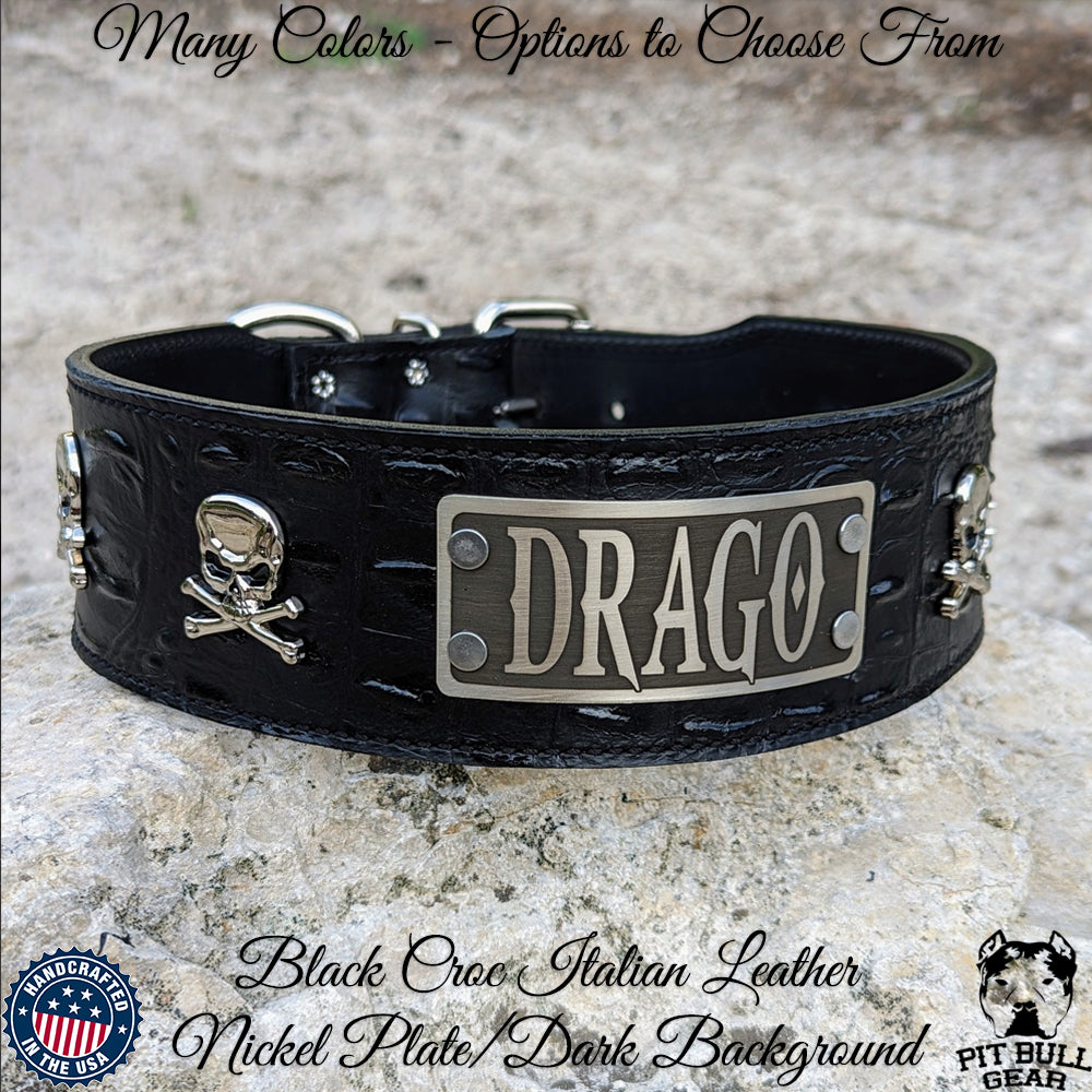 NJ13 - 2.5" Wide Personalized Leather Dog Collar with Skull & Crossbones