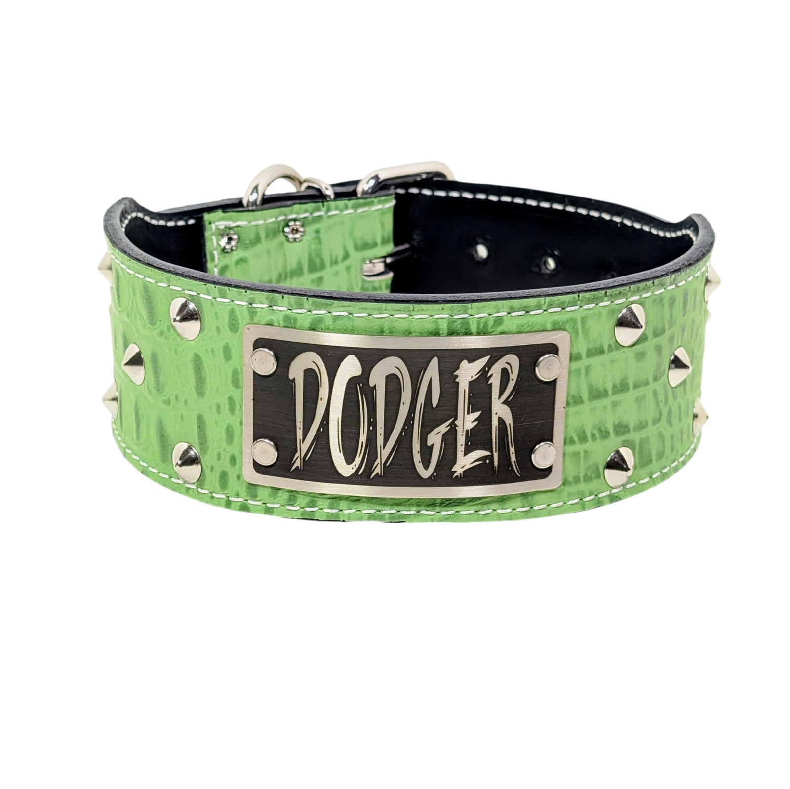 NJ4 - Collar de cuero para perros de 2,5" con tachuelas cónicas y placa con nombre
