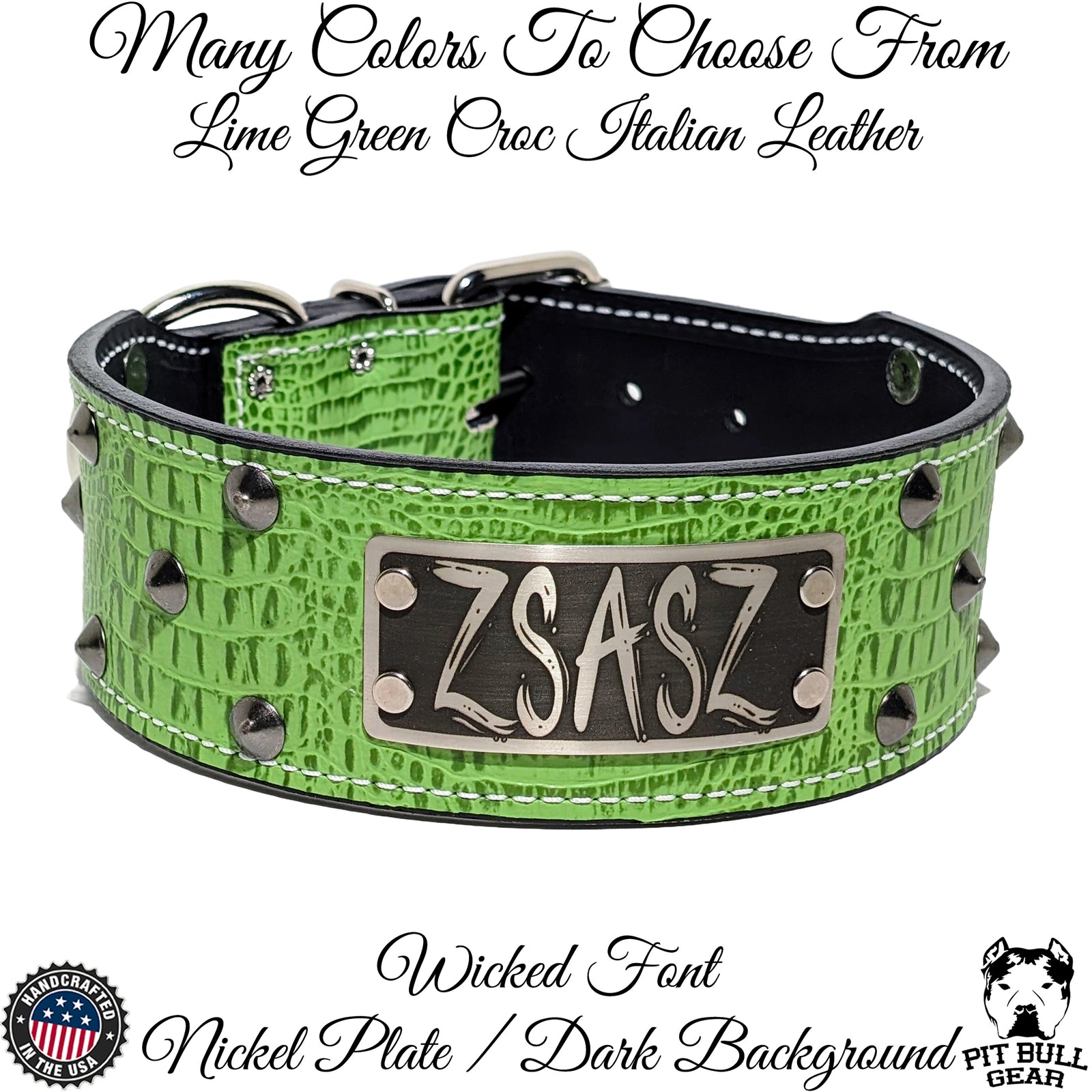 NJ4 - Collar de cuero para perros de 2,5" con tachuelas cónicas y placa con nombre