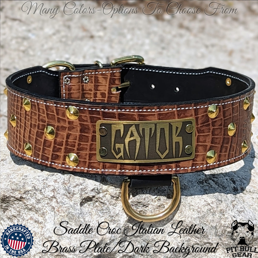 NJ4 - Collar de cuero para perros de 2,5" con tachuelas cónicas y placa con nombre