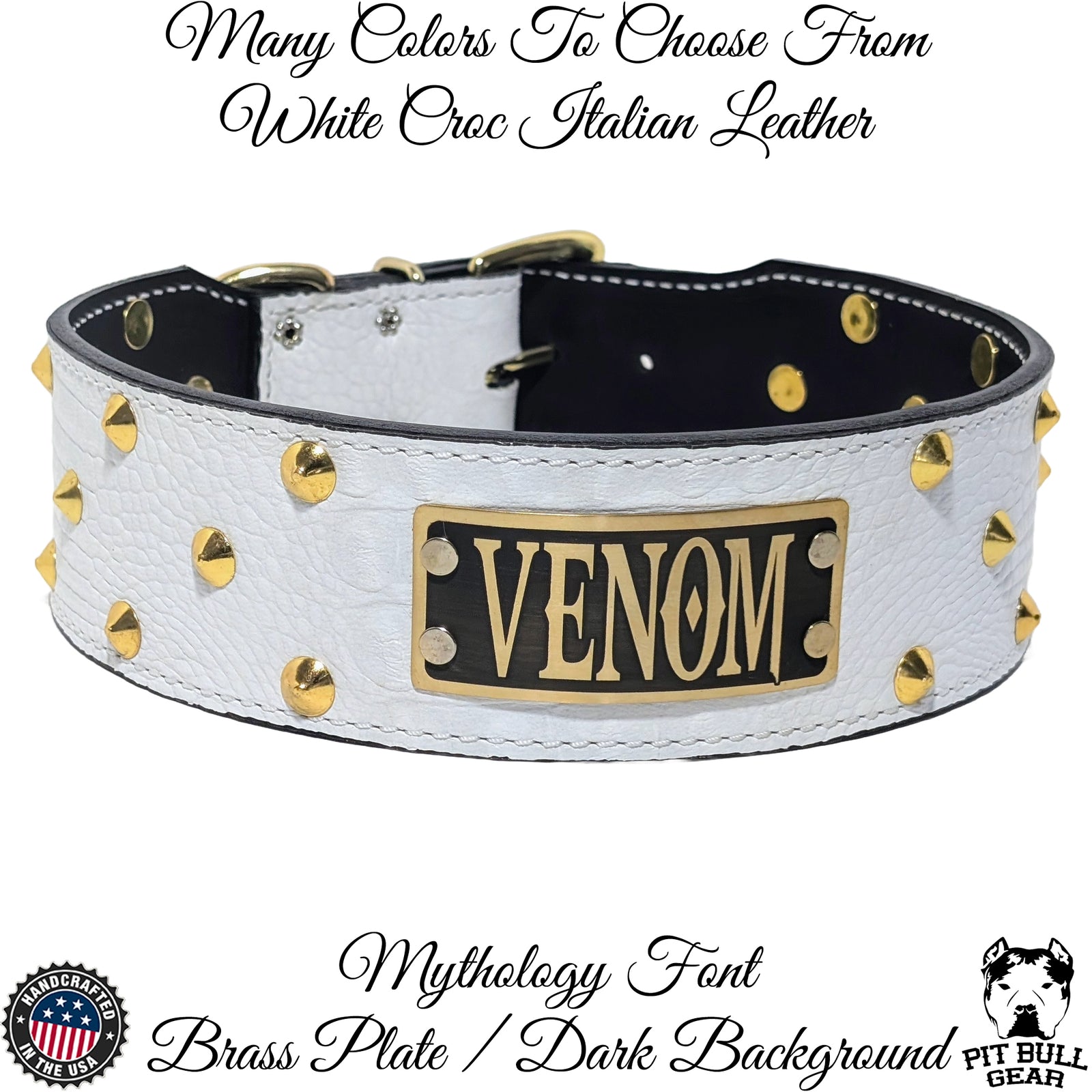 NJ4 - Collar de cuero para perros de 2,5" con tachuelas cónicas y placa con nombre