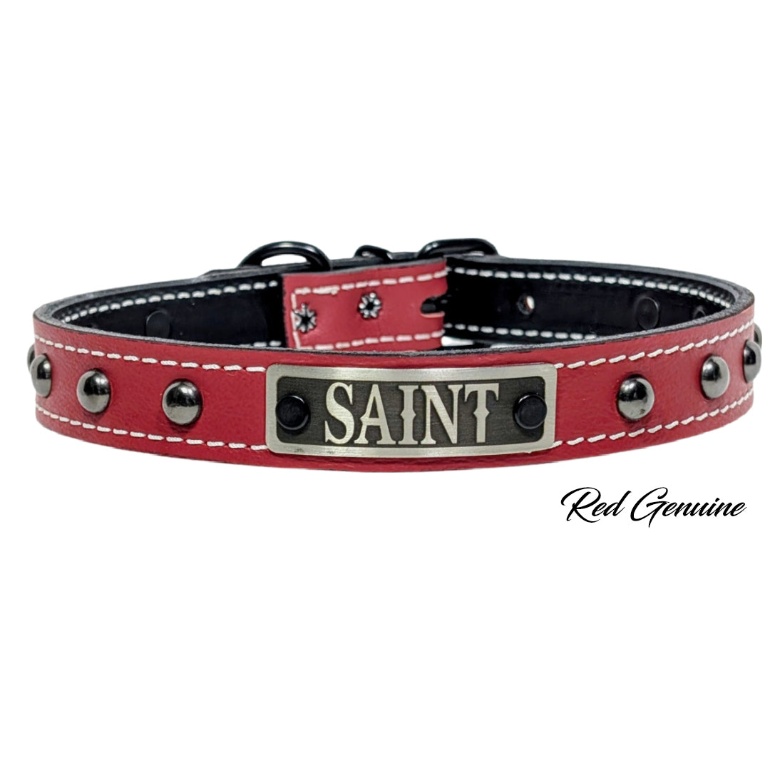 NU2 - Collar para perro de cuero tachonado de 1" de ancho con placa de identificación