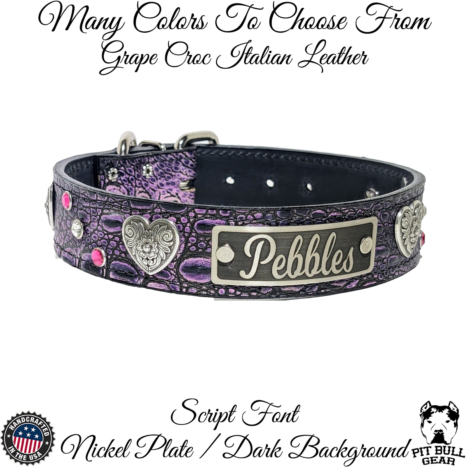 VN2 - Collar de cuero para perro de 1,5" de ancho con placa de identificación, gemas y corazones