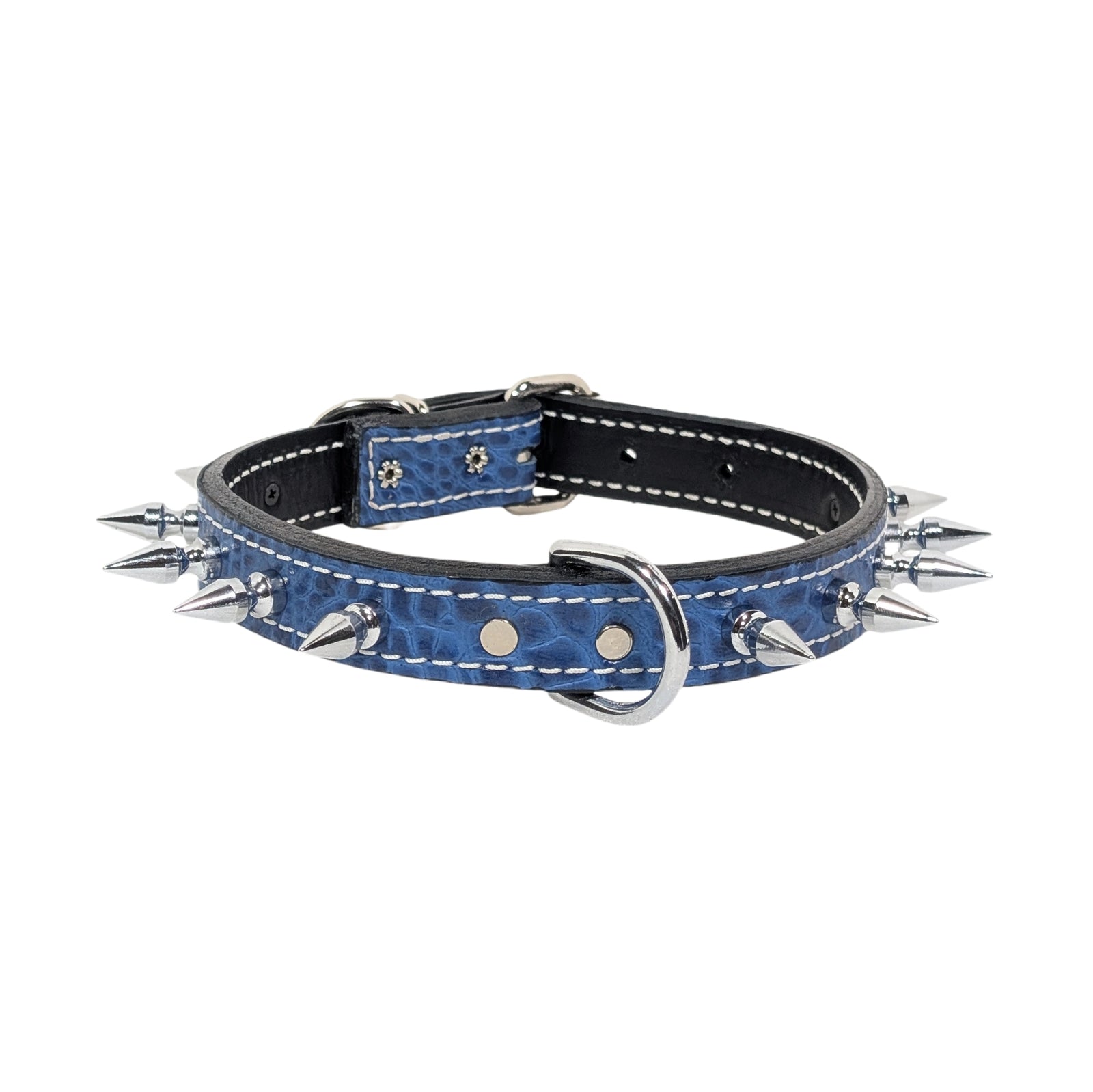 Blue leather dog collar with silver spikes on a white background