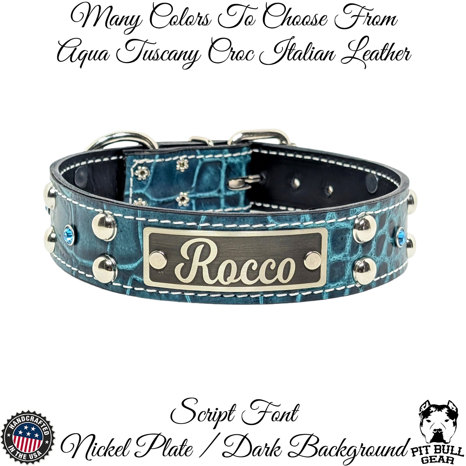 V20 - Collar de cuero personalizado para perros de 1,5" de ancho con tachuelas y gemas