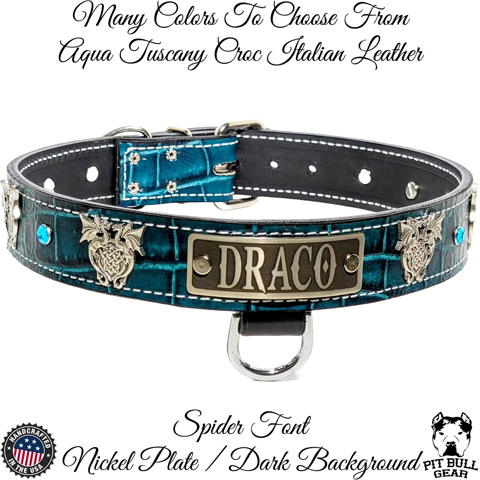 V30 - 1.5" Wide Name Plate Dragons & Gems Leather Dog Collar