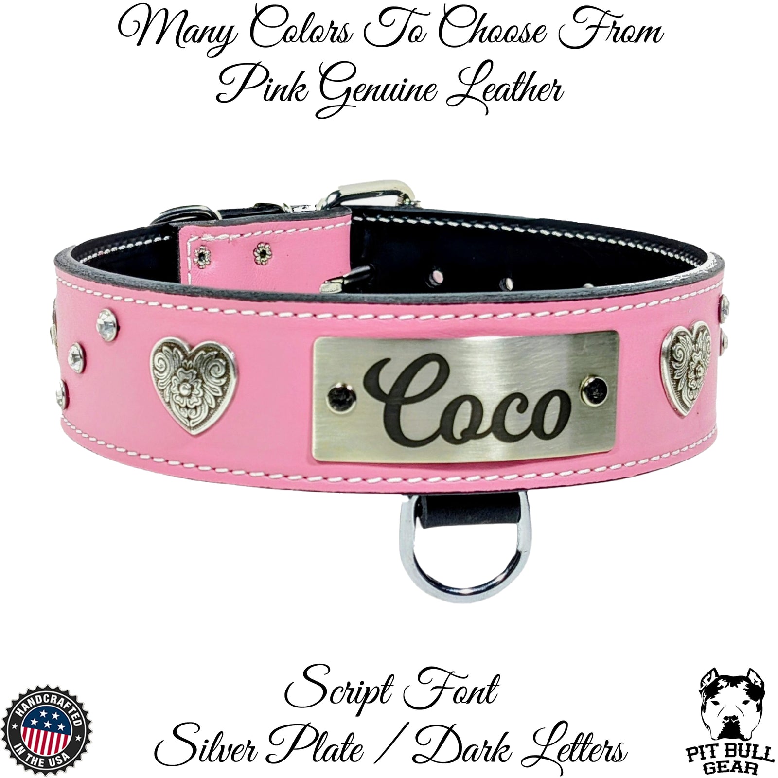 2" wide leather dog collar with Diablo hearts, crystal gems, and engraved nameplate.