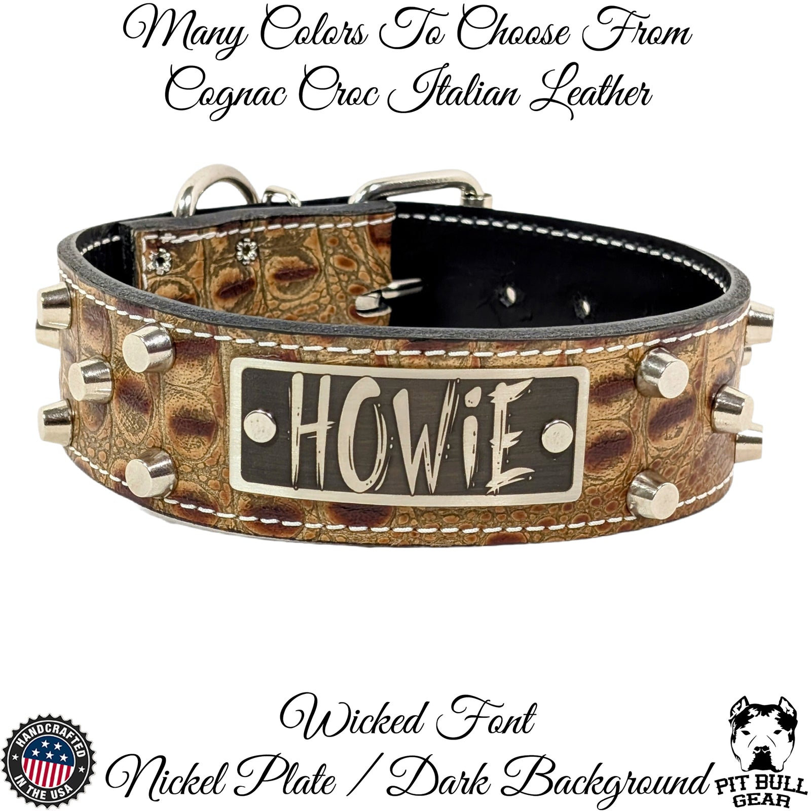 WN4 - Collar de cuero para perros de 2" de ancho con tachuelas y placa con nombre