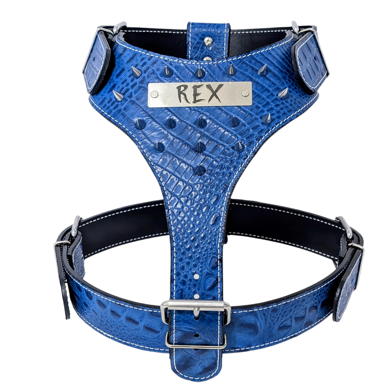 Blue textured dog harness with 'REX' label on a white background