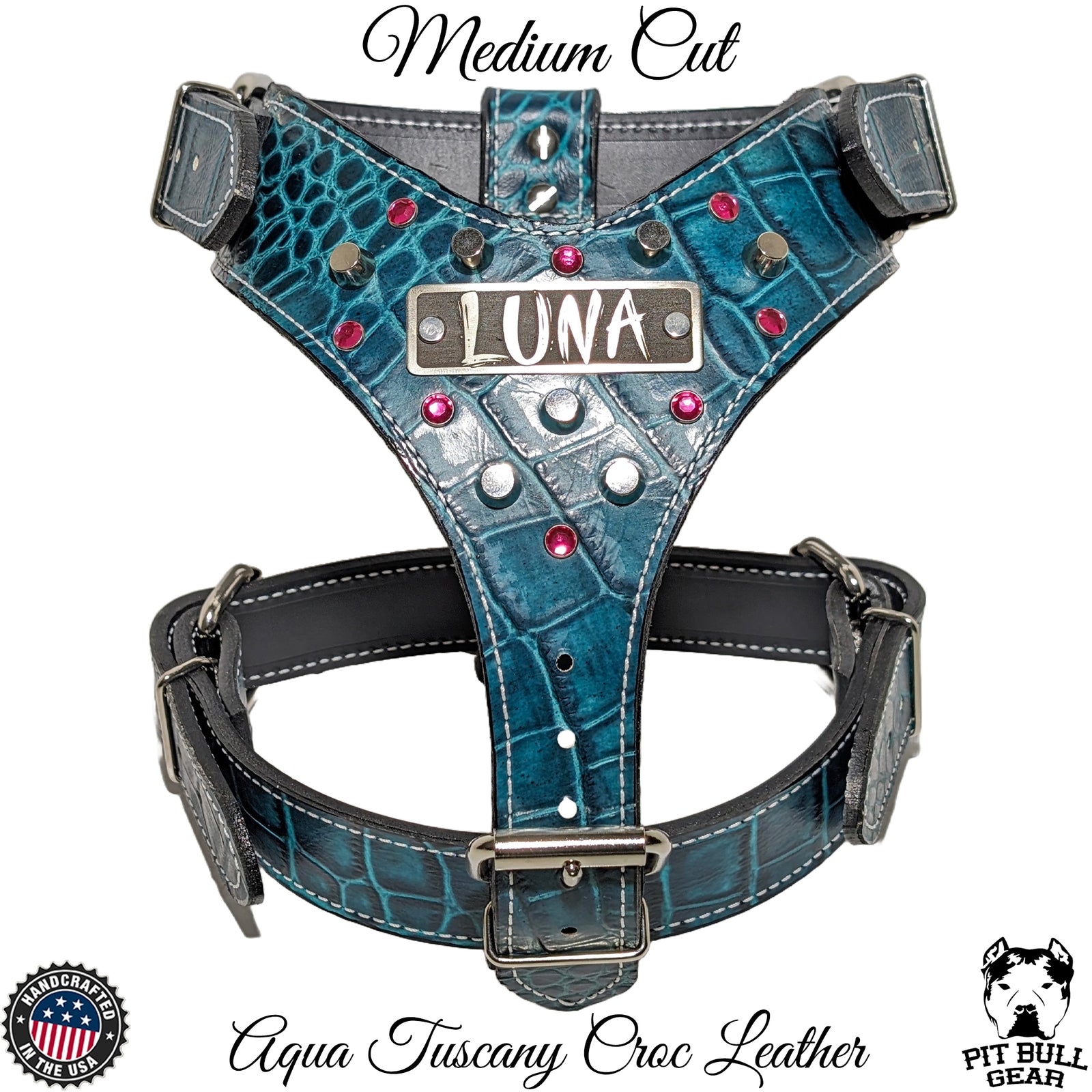 NH9 - Personalized Leather Dog Harness w/Gems & Bucket Studs