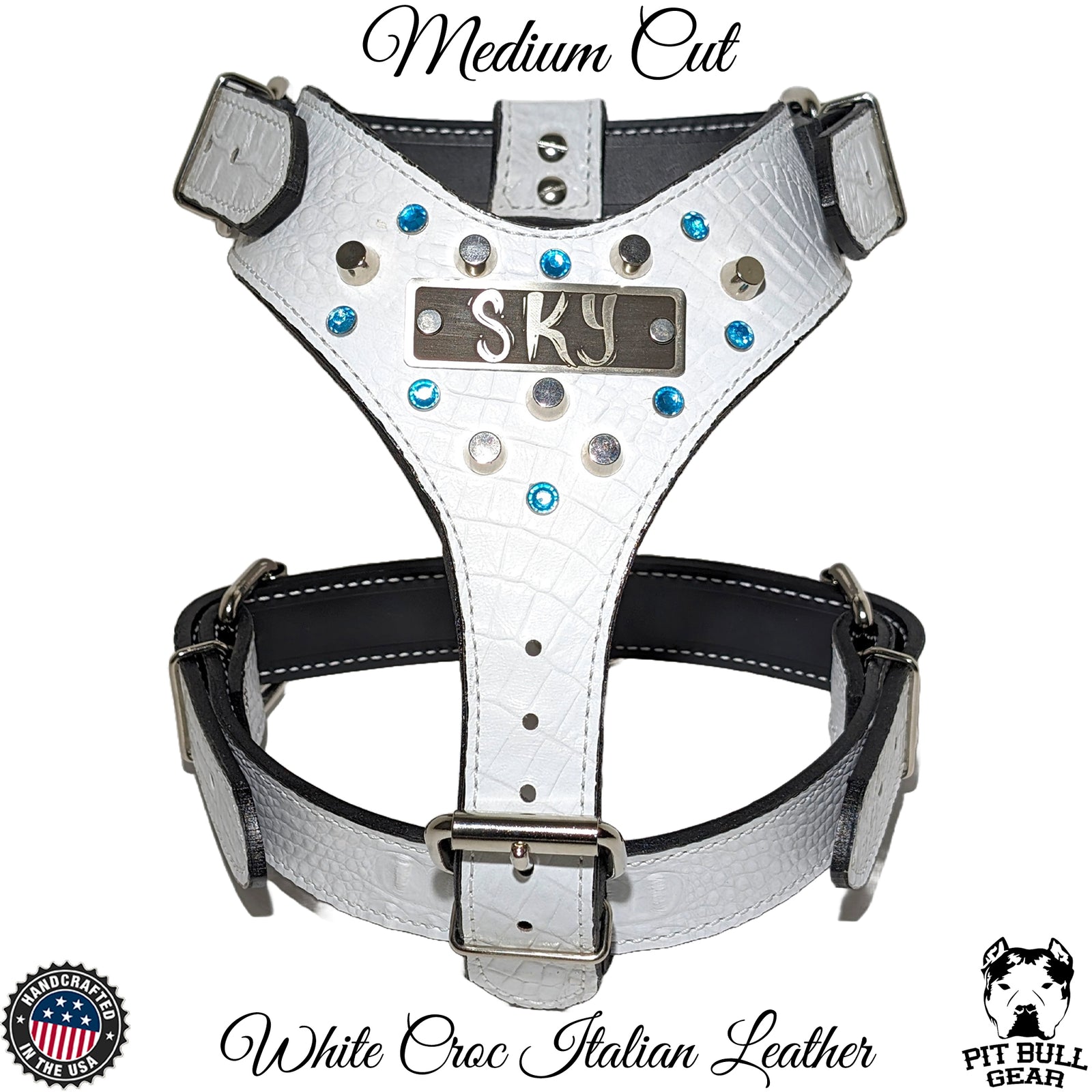 NH9 - Personalized Leather Dog Harness w/Gems & Bucket Studs