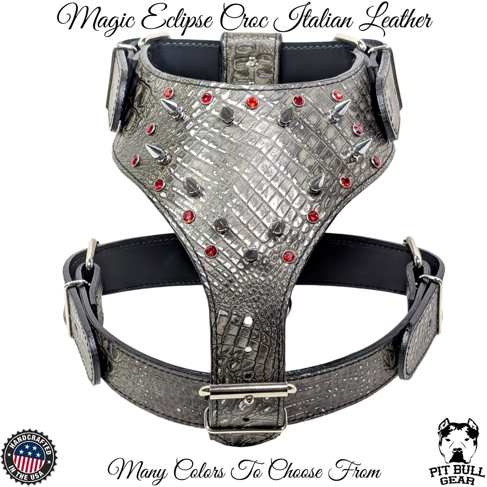 Y15 - Arnês de couro para cães com pontas e pedras preciosas