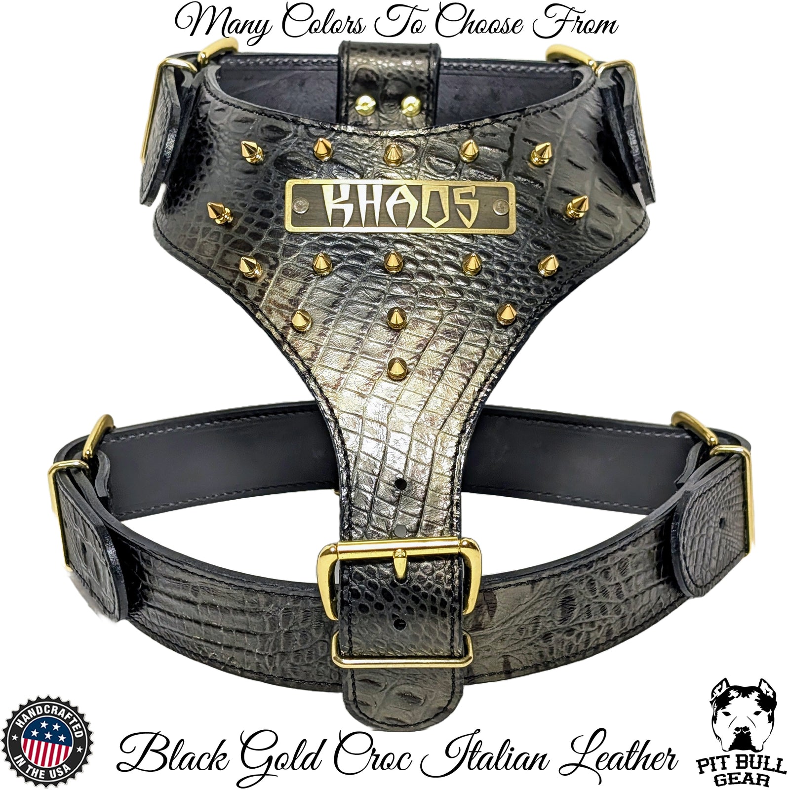 YN62 - Arnês para cães de couro pontiagudo com placa de identificação