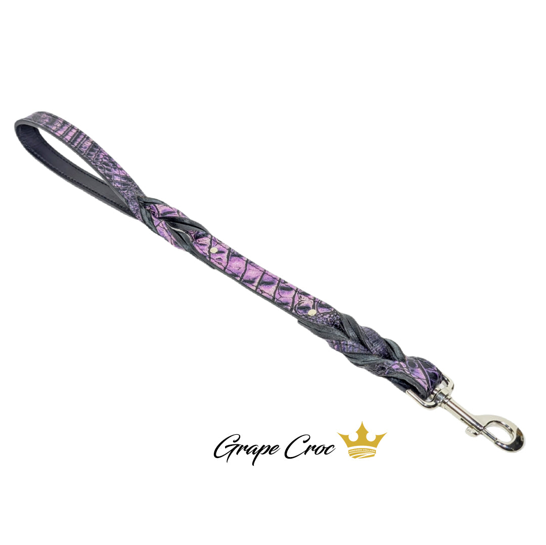 Purple and gray braided dog leash with a silver clasp on a white background, featuring the Grape Croc brand.