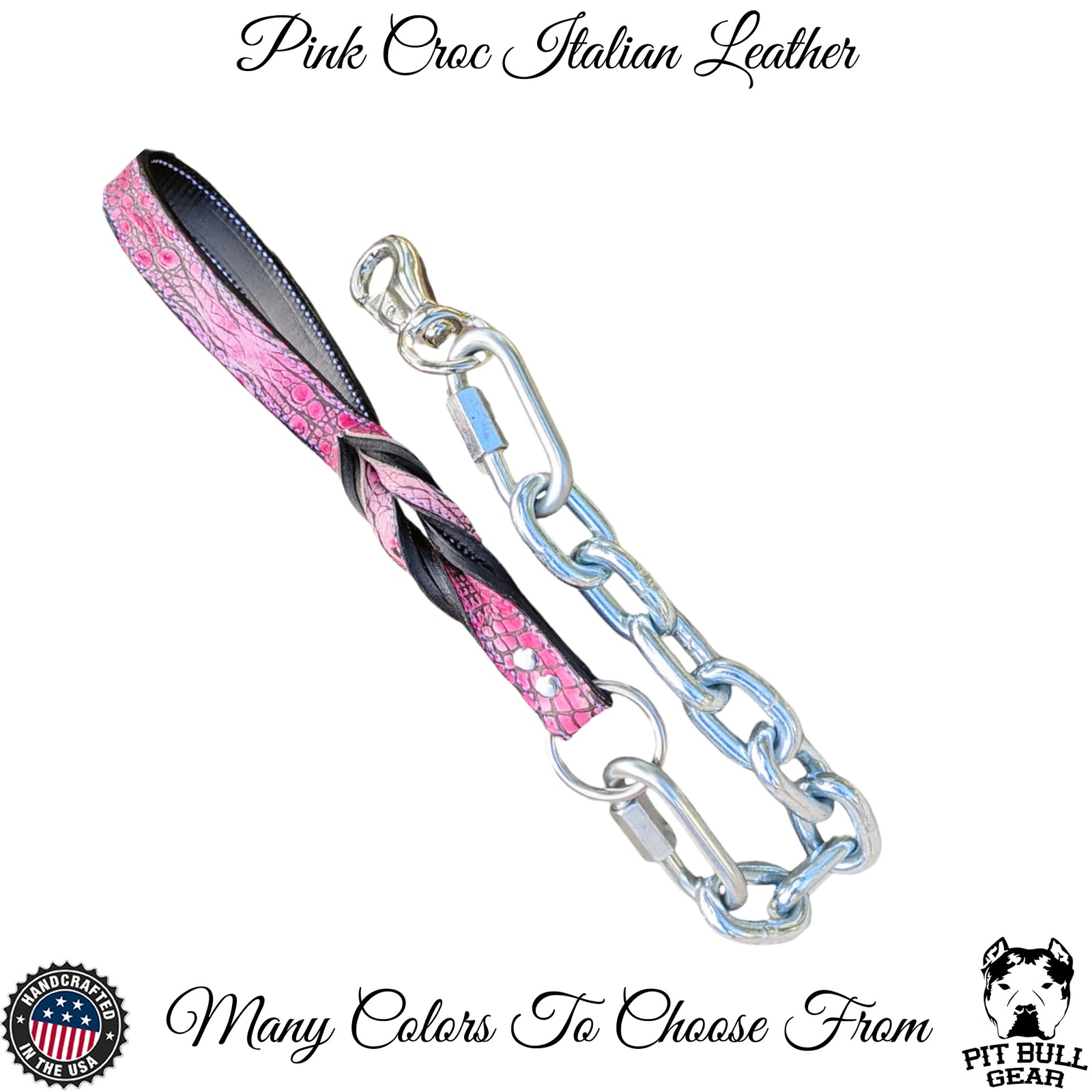 Pink crocodile leather dog leash with chain attachment on a white background