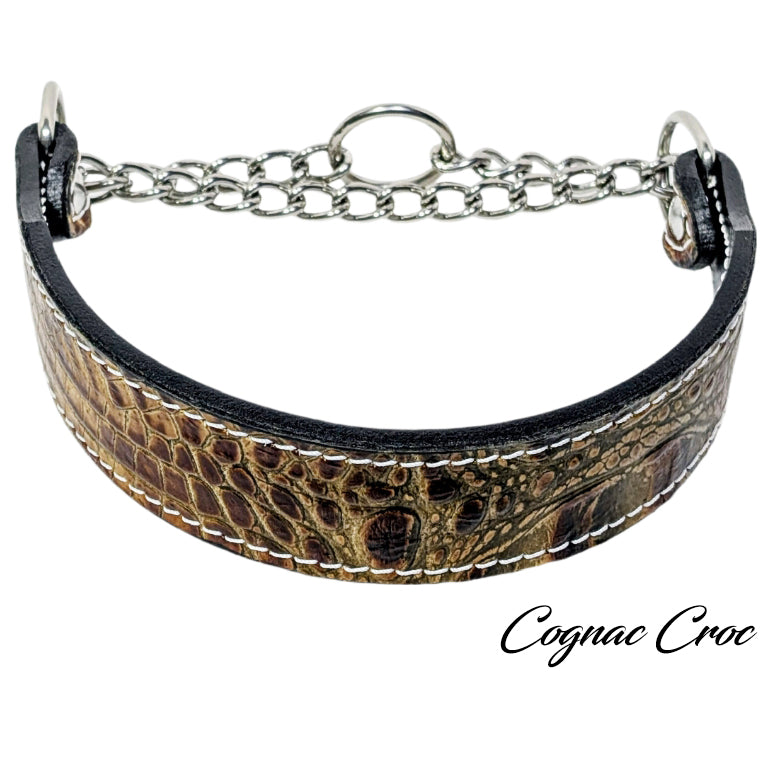 Dog collar with crocodile pattern on a white background