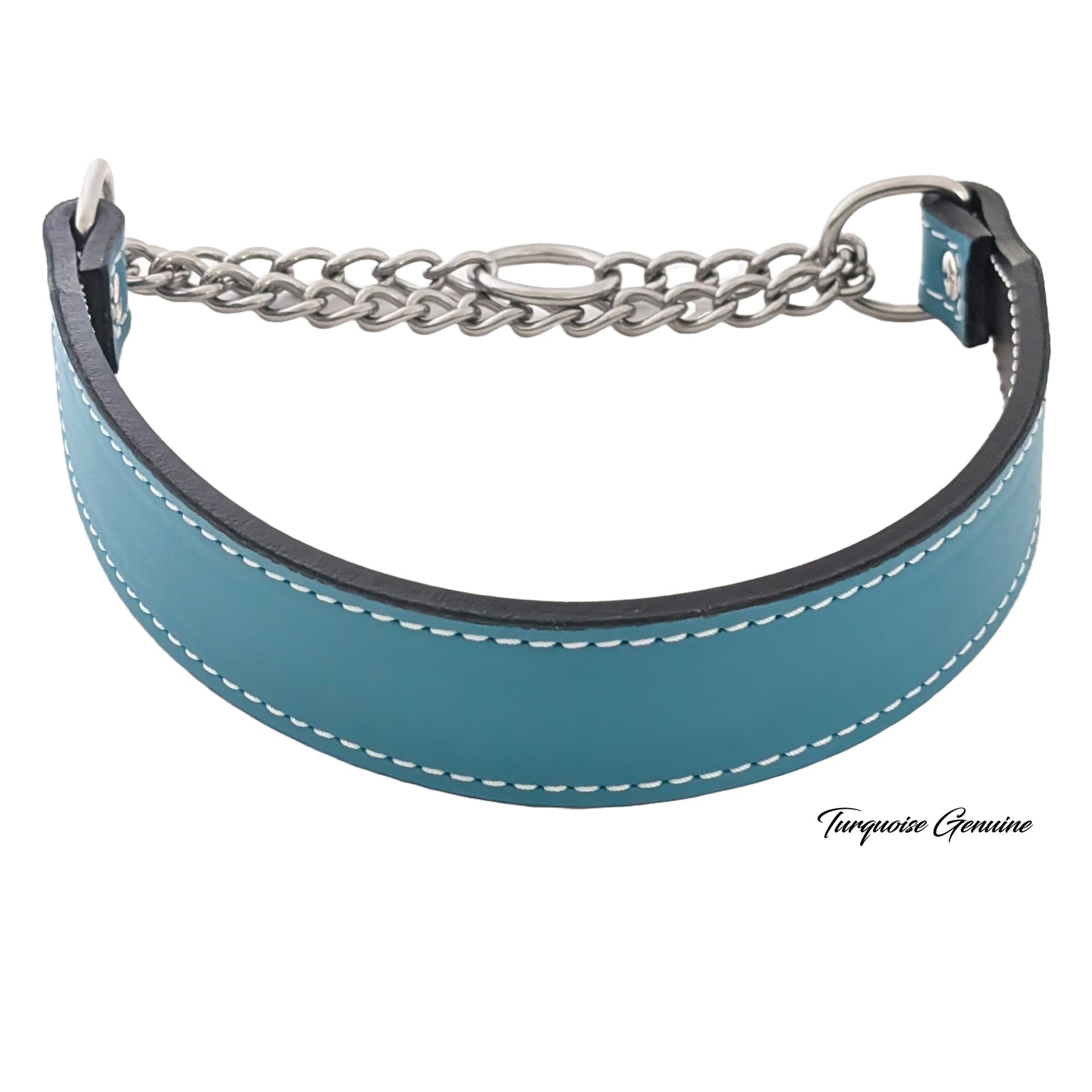 Teal leather collar with chain on a white background