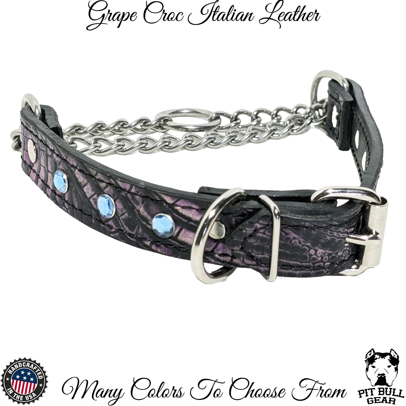 LM6 - 1" Wide Leather Martingale Collar with Buckle & Gems