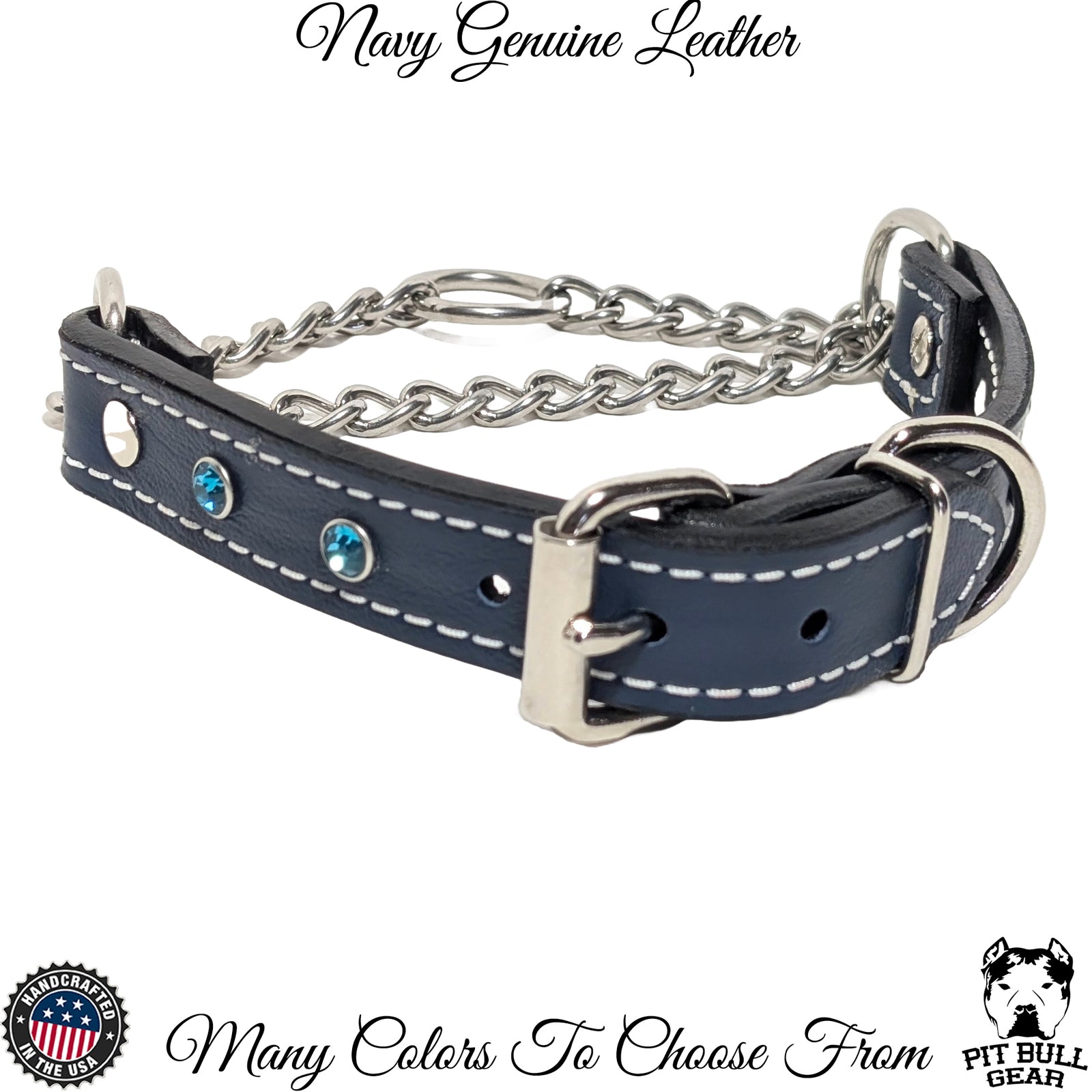 LM6 - 1" Wide Leather Martingale Collar with Buckle & Gems