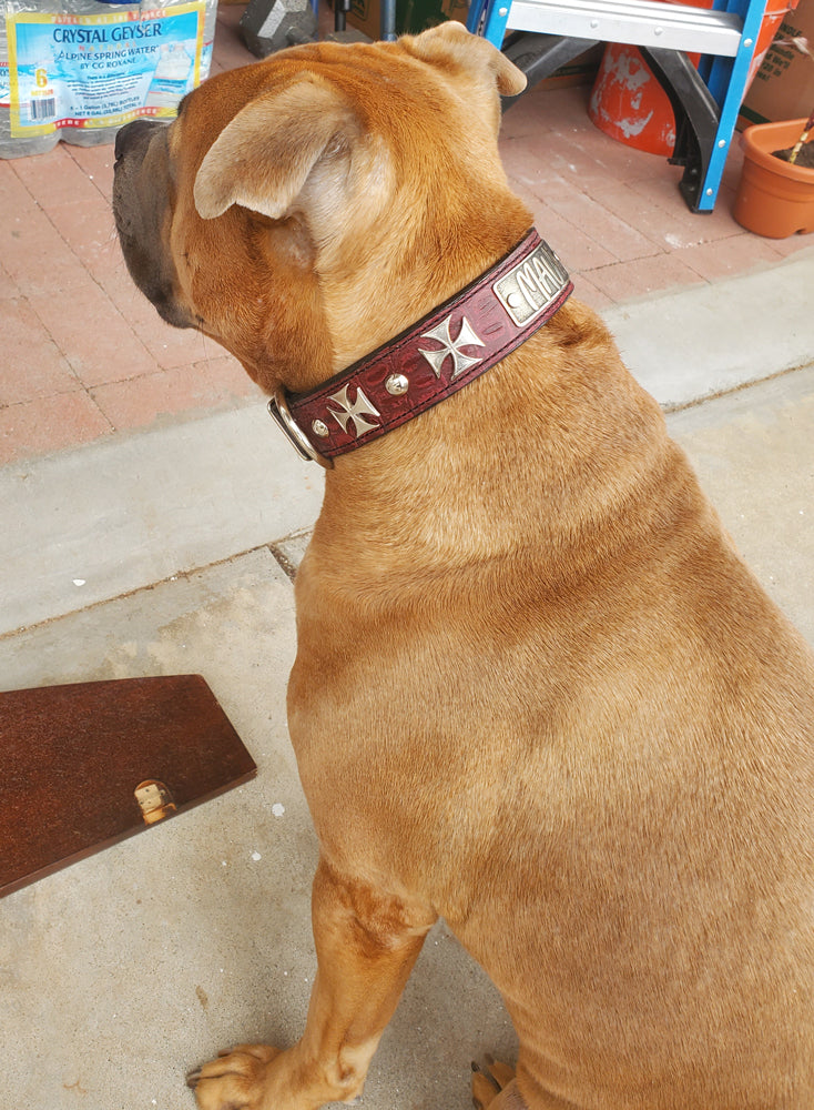 Collar de cuero para perro con placa de identificación personalizada y cruz de hierro de 1,5" de ancho - VN48
