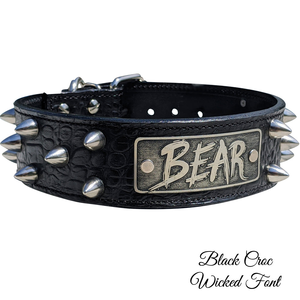 Leather Dog Collar Personalized Name Plate Bullet Studs 2" Wide - W50