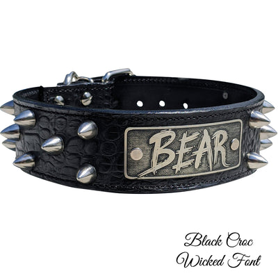 Leather Dog Collar Personalized Name Plate Bullet Studs 2" Wide - W50