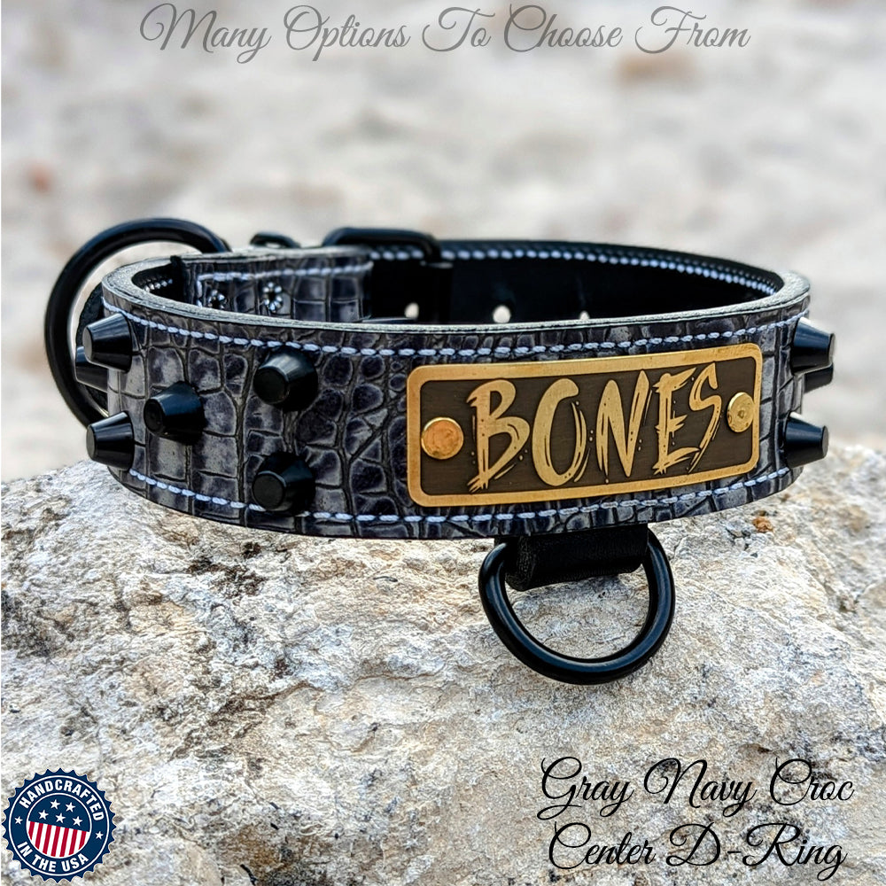 NV44 - Collar de cuero para perro de 1,5" de ancho con placa de identificación y tachuelas