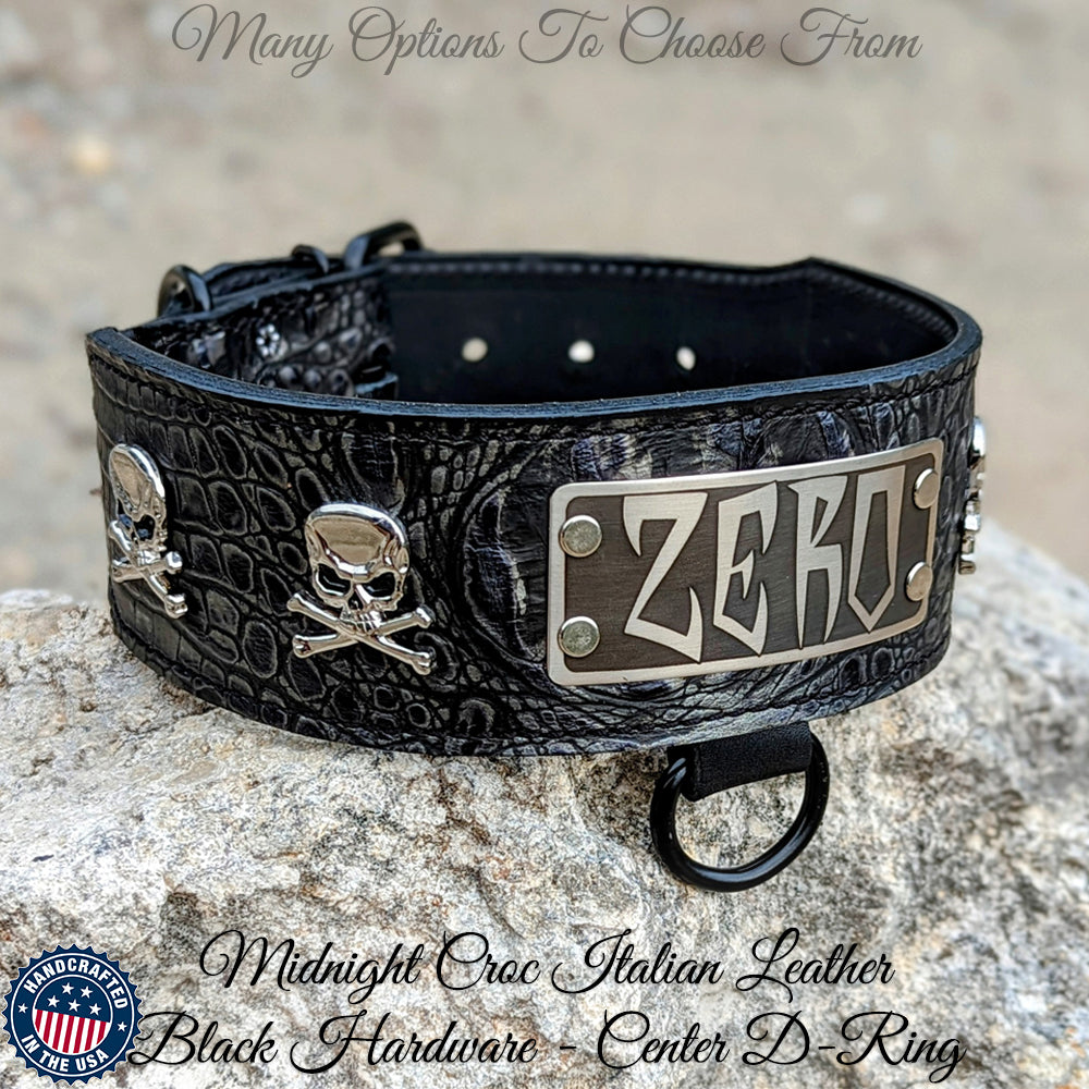 NJ13 - 2.5" Wide Personalized Leather Dog Collar with Skull & Crossbones
