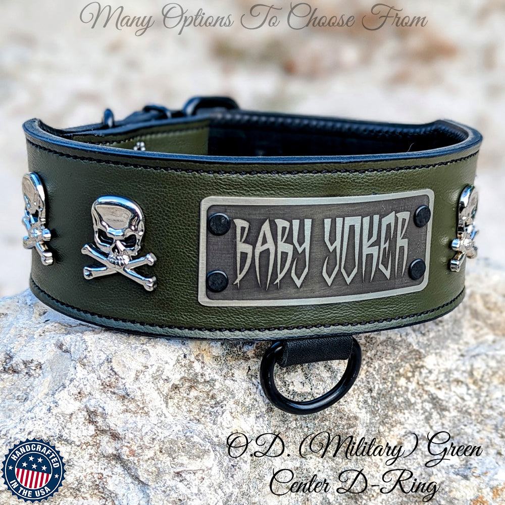 NJ13 - 2.5" Wide Personalized Leather Dog Collar with Skull & Crossbones