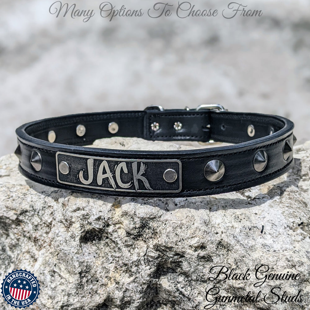 Collar de cuero para perros con placa de identificación, collar con tachuelas de 1 pulgada de ancho - NU3