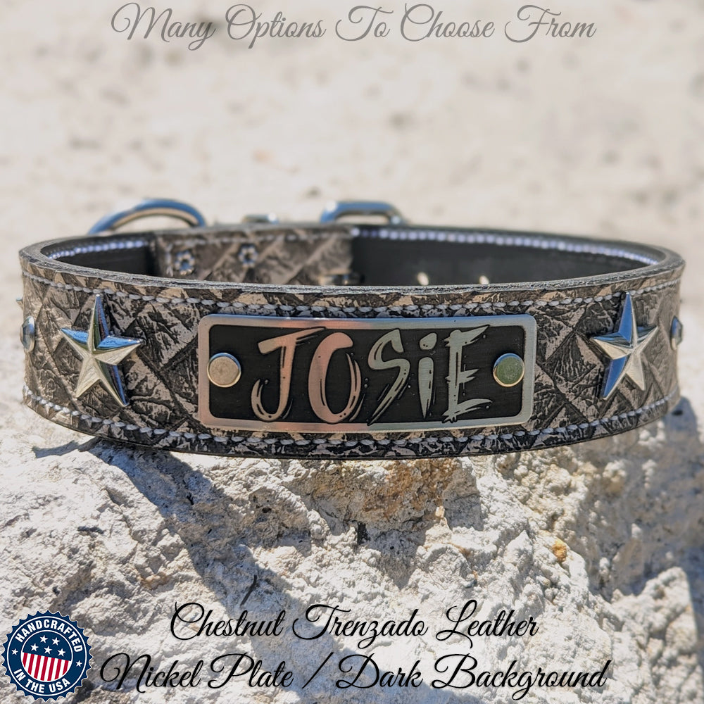 V42 - Collar de cuero para perro personalizado con estrellas de 1,5" de ancho y gemas