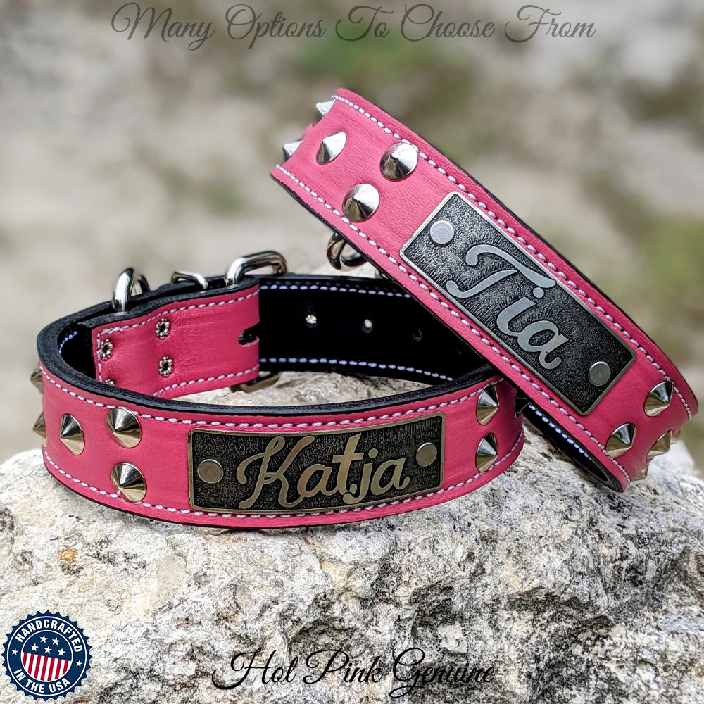 VN1 - Collar de cuero para perros de 1,5" de ancho con placa de identificación y tachuelas cónicas