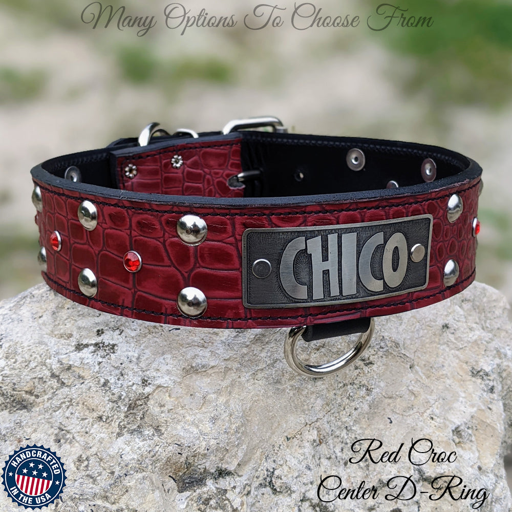 W43 - 2" Wide Leather Dog Collar with Name Plate Studs & Gems