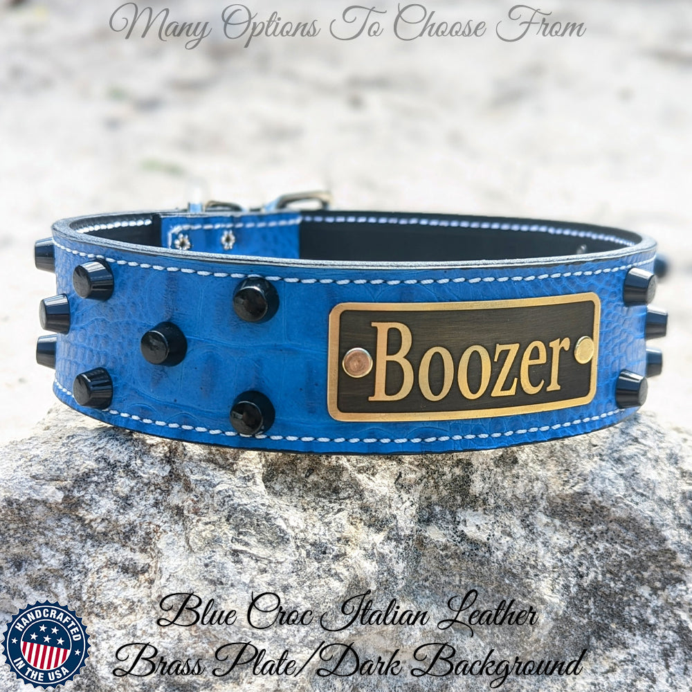 WN4 - Collar de cuero para perros de 2" de ancho con tachuelas y placa con nombre